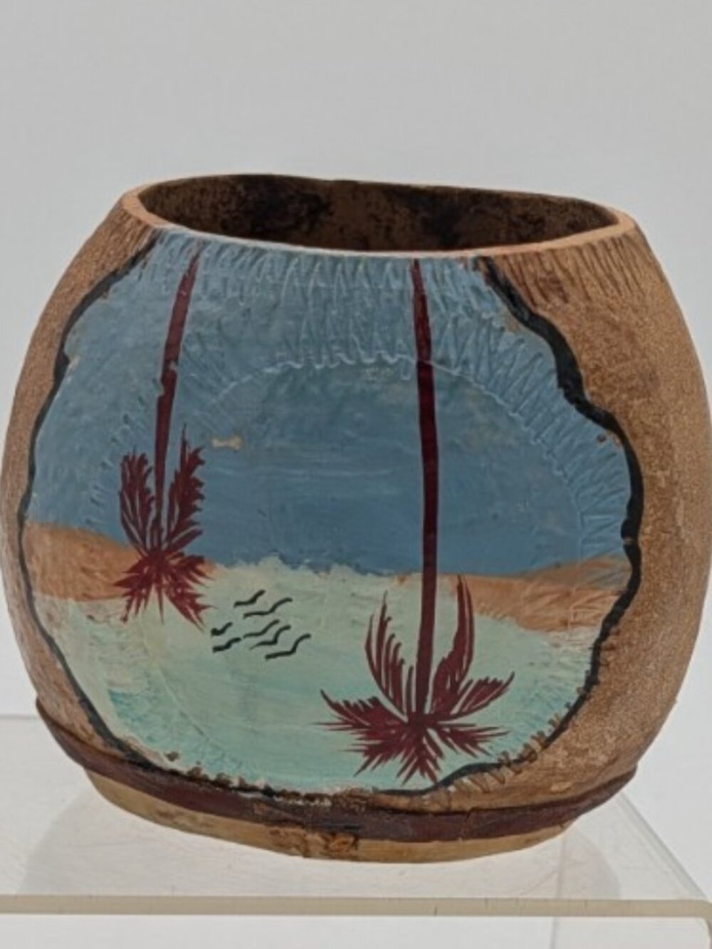 Hand Painted palm trees Tiki Coconut Shell drink cup hawaii design carved back
